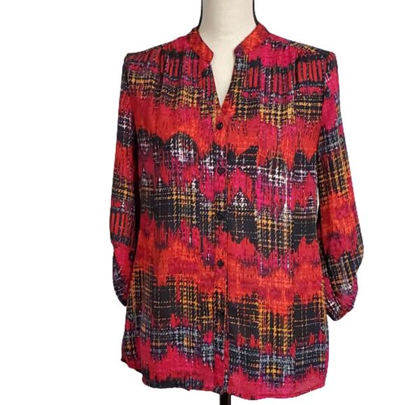 Notations Split Back Red Multicolor Long Sleeve ButtonUp Career Wear Blouse Top - Picture 1 of 9
